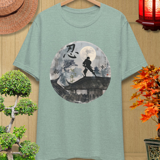 Ninja Moon T-Shirt — Silhouette Shinobi on Rooftop with Kanji Art